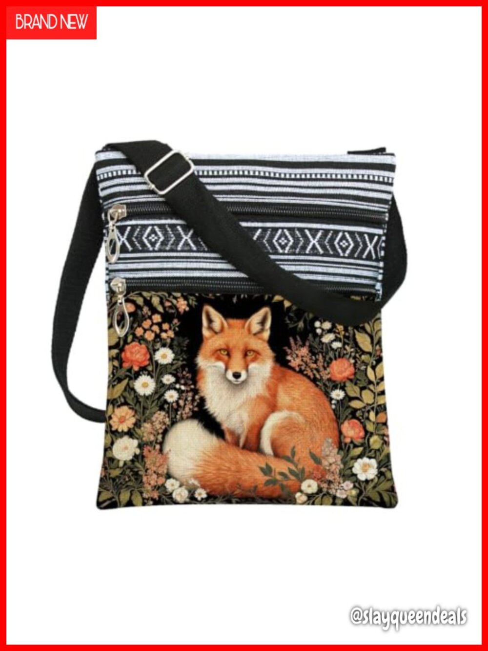 Ethnic Fox Print Crossbody Bag Polyester Adjustable Strap Multi Pocket